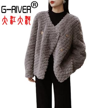 大江大河/G-RIVER 云朵羊毛羊剪绒颗粒女皮草外套 双排扣 XS－L