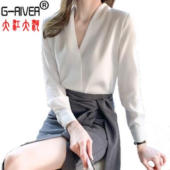 大江大河/G-RIVER 女式韩版简约V领气质显瘦雪纺长袖衬衫 柔軟、亲肤、不易皱 S－2XL