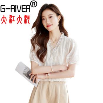 大江大河/G-RIVER 女式泡泡袖V领雪纺短袖衬衫 名媛气质、时尚潮流 S-2XL