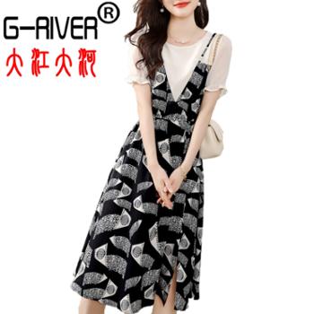 大江大河/G-RIVER 女式假两件拼接收腰雪纺短袖连衣裙 优雅花色A字裙 S-2XL