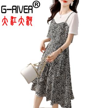大江大河/G-RIVER 女式假两件撞色设计感短袖雪纺连衣裙 韩版飘逸 S-XL
