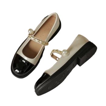 芙拉迪 夏季新款小香风拼色玛丽珍软底漆皮亮面小皮鞋