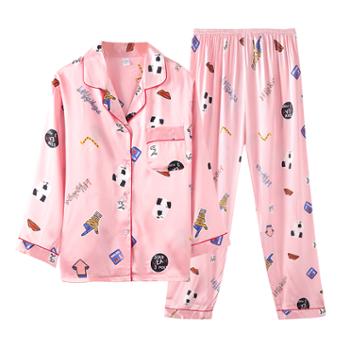秋鹭/Qiu Lu 款号5505冰丝睡衣女春夏季长袖薄款防真丝绸家居服套装 亲肤透气 柔软舒适