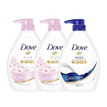多芬 美肤沐浴乳沐浴露1kg*3瓶装 樱花1kg*2瓶+深层1kg*1瓶