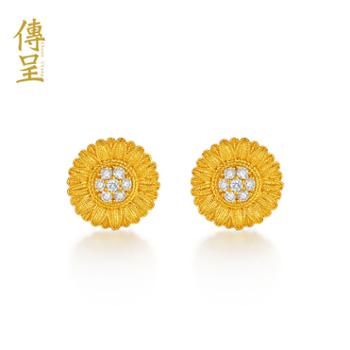 传呈 太阳花 足金钻石耳钉女 古法金黄金耳饰计价【CCE0002-Y999-001】