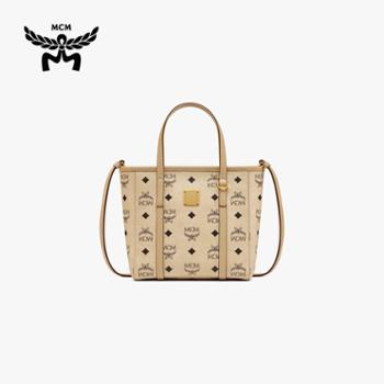 MCM Toni 经典老花满印菜篮子 涂层帆布拼纳帕皮革饰边 托特Tote斜挎购物袋斜挎手提包单肩包 迷你 男女同款情侣款 米色MWPAATN04I8001