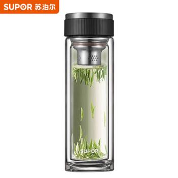 苏泊尔（SUPOR）双层玻璃杯耐热泡茶水杯男商务便携办公茶杯330ml防烫杯子 KC33DV10乌木黑